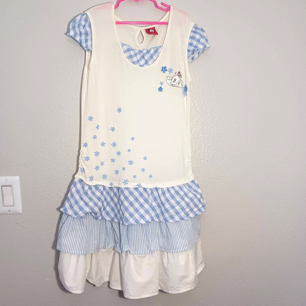 Babudog Girls Casual Ruffle Plaid Floral Short Sleeve White Blue Sz 8 Dress